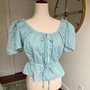 NWOT 7 For All Mankind Blue Puff Sleeve Ruffled Blouse Size Small